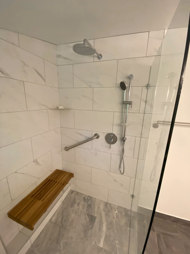 Built-in shower bench in the accessible Westgate bathroom renovation