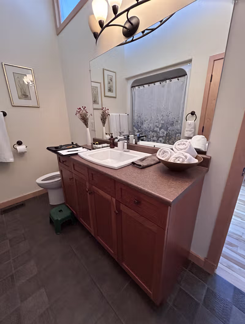 Loudoun Avenue bathroom before renovation, with the original wood vanity and dark tile flooring