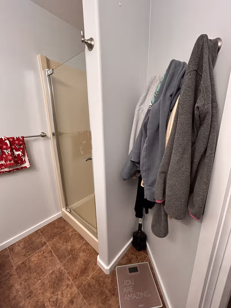 Picton Court bathroom before renovation, showing a small original shower stall in a narrow closet space